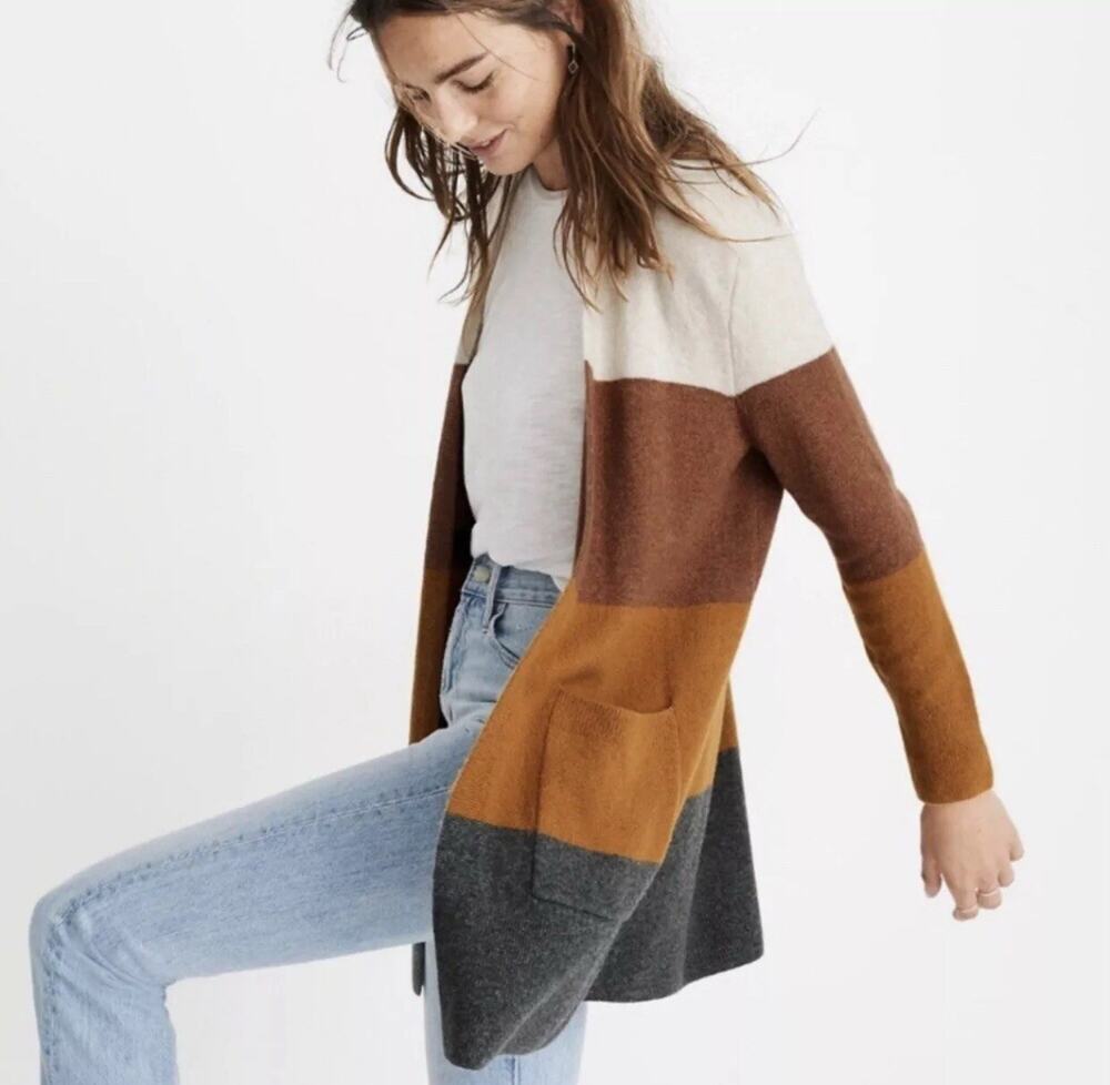 Madewell Women’s S Long Open Cardigan Sweater Striped Colorblock Wool Alpaca
